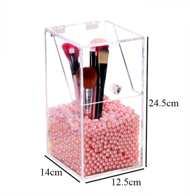 Covered Makeup Brush Holder with Dustproof Lid, Pearls Beads, Large Capacity Acrylic Clear Organiser