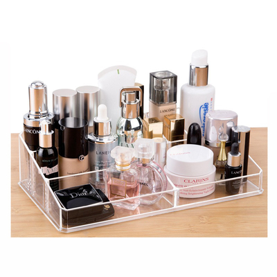 Makeup Organizer, Clear Makeup Storage Box Thick Plastic Organizer Tray 9-Compartment Comestics Counter Organization Hol