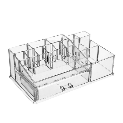Clear Makeup Organizer Tray with 16 compartments Brush holder slots, Durable Vanity Storage Container