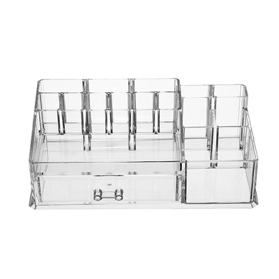 Clear Makeup Organizer Tray with 16 compartments Brush holder slots, Durable Vanity Storage Container
