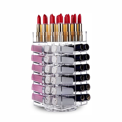 Clear Lipstick Tower, 360 Rotating Cosmetic Organizer with 64 Slots Lipgloss Storage Display Holder