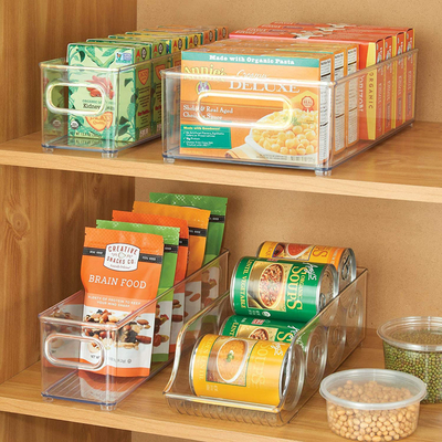Stackable Refrigerator Organizer Bin Clear Kitchen Organizer Container Bins with Handles for Pantry, Cabinets, Shelves