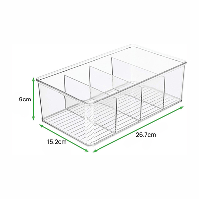 Plastic Food Storage Bin Clear Organizer with 4 Compartments for Kitchen Cabinet, Pantry, Shelf, Drawer, Fridge, Freezer
