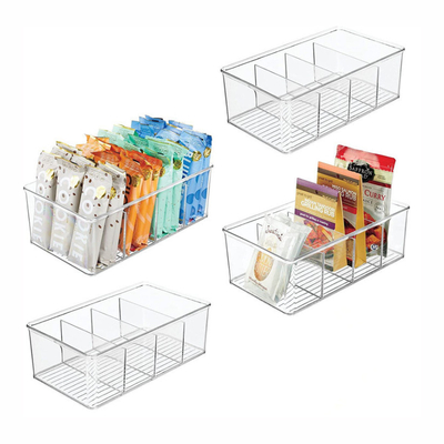 Plastic Food Storage Bin Clear Organizer with 4 Compartments for Kitchen Cabinet, Pantry, Shelf, Drawer, Fridge, Freezer