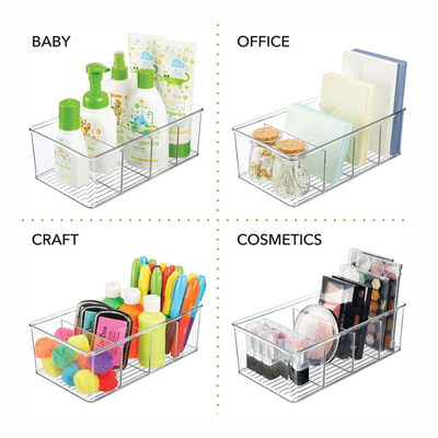 Plastic Food Storage Bin Clear Organizer with 4 Compartments for Kitchen Cabinet, Pantry, Shelf, Drawer, Fridge, Freezer