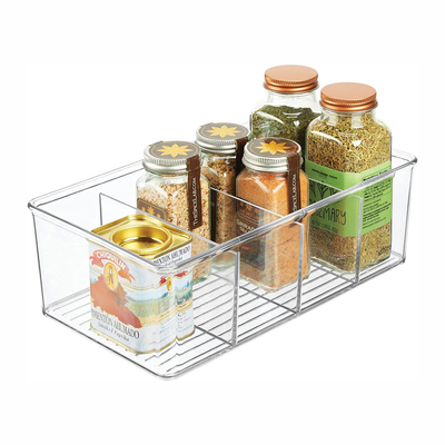 Plastic Food Storage Bin Clear Organizer with 4 Compartments for Kitchen Cabinet, Pantry, Shelf, Drawer, Fridge, Freezer